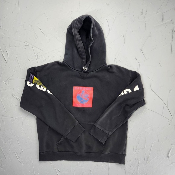 Diesel Hoodie Mens Large Black Haute Kultur Faded Pullover Patch Sweater Adult